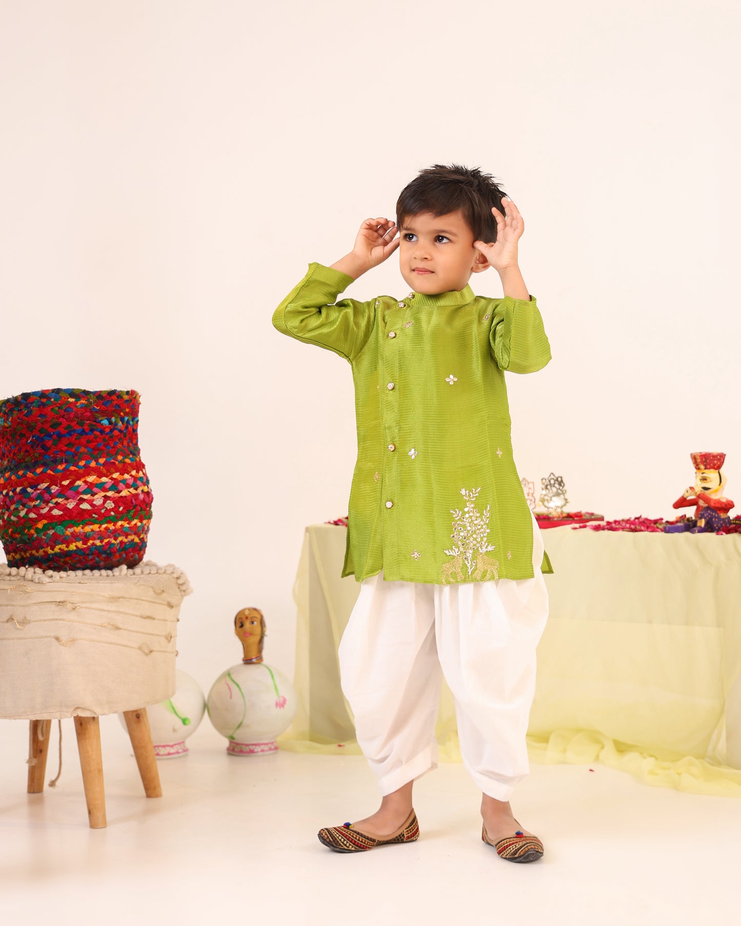 Boy Stripe Zari Embroidered Kurta Set - Minty Green