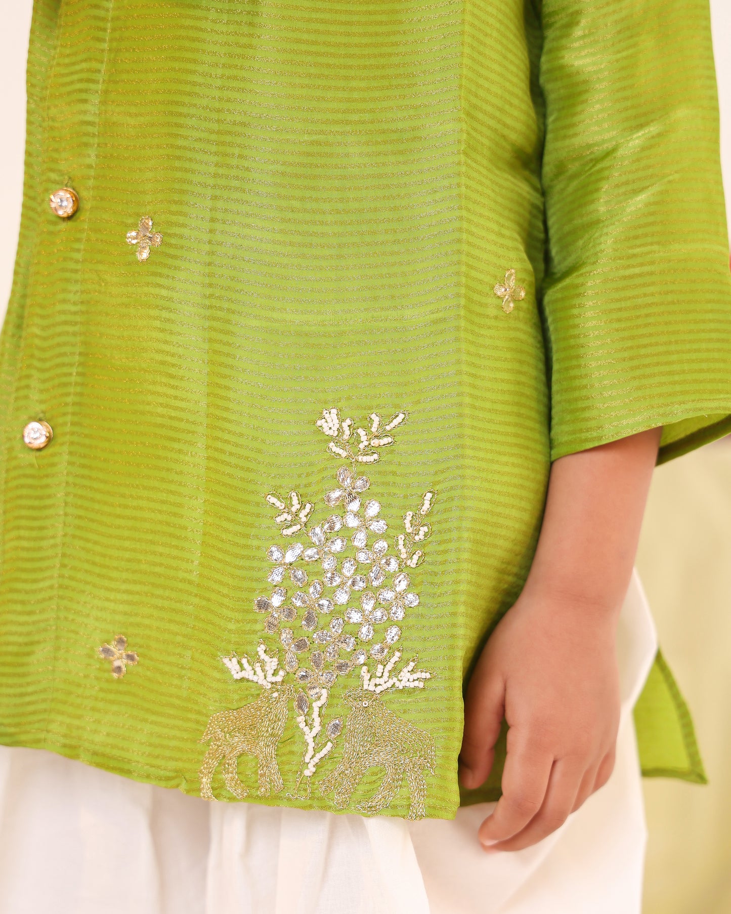 Boy Stripe Zari Embroidered Kurta Set - Minty Green