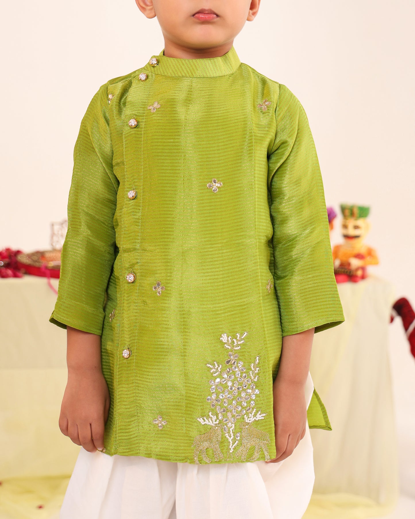 Boy Stripe Zari Embroidered Kurta Set - Minty Green