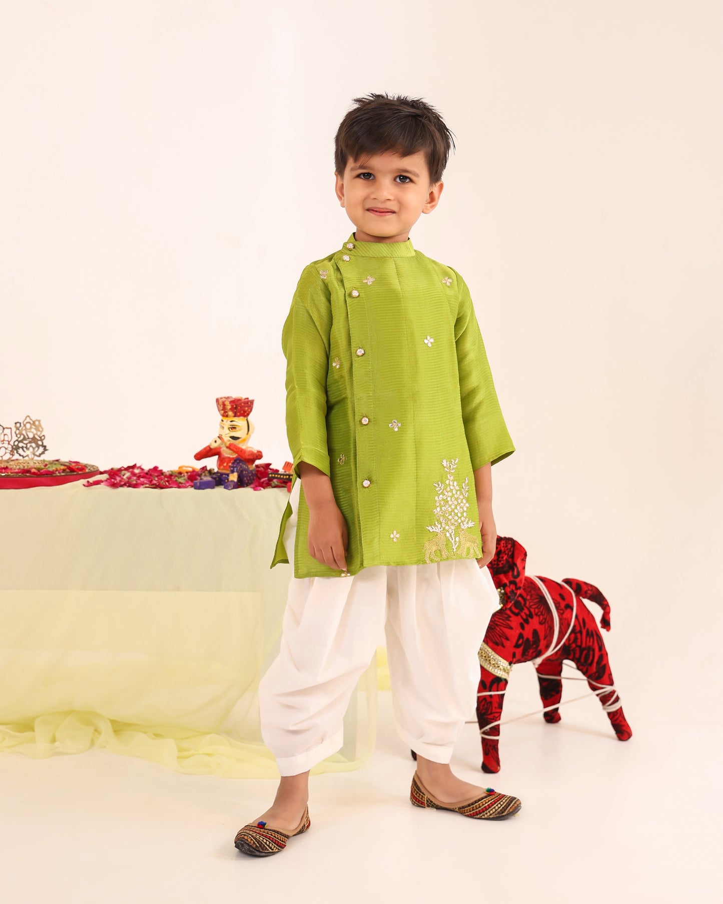 Boy Stripe Zari Embroidered Kurta Set - Minty Green