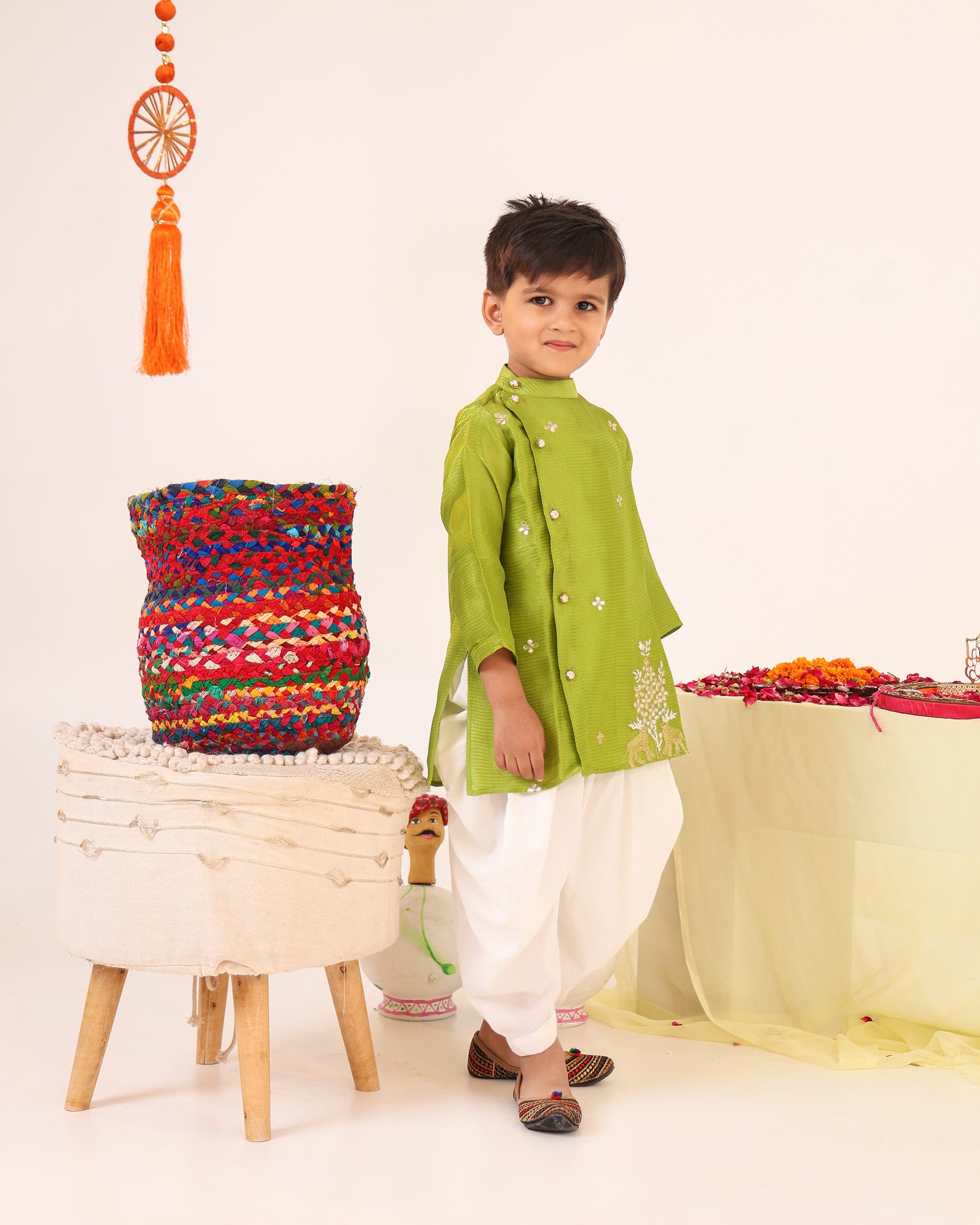 Boy Stripe Zari Embroidered Kurta Set - Minty Green