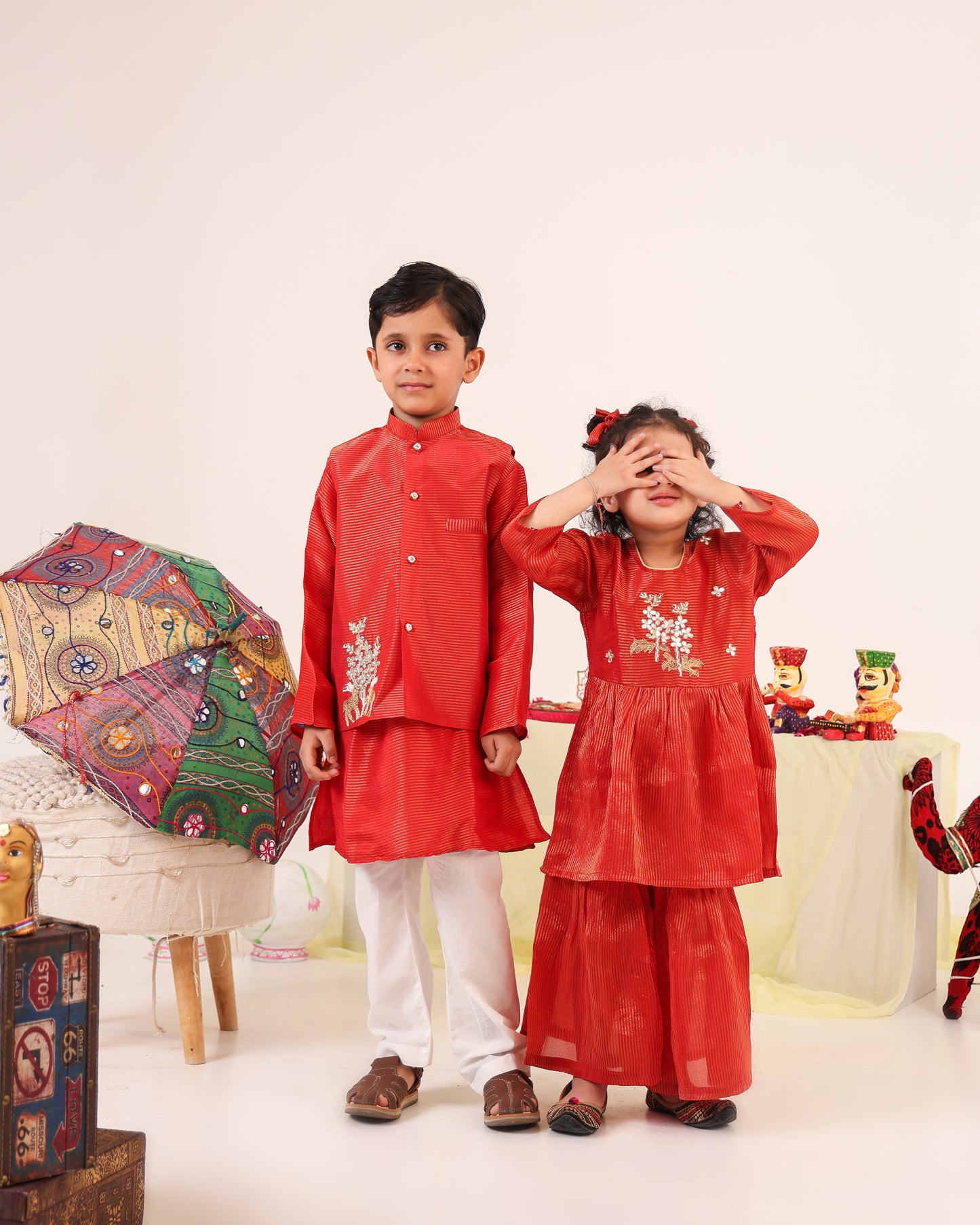Boy 3 Pc Zari Embroidery Bundy Set - Rusty Red