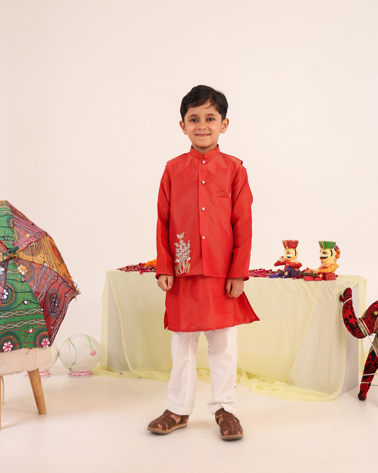 Boy 3 Pc Zari Embroidery Bundy Set - Rusty Red