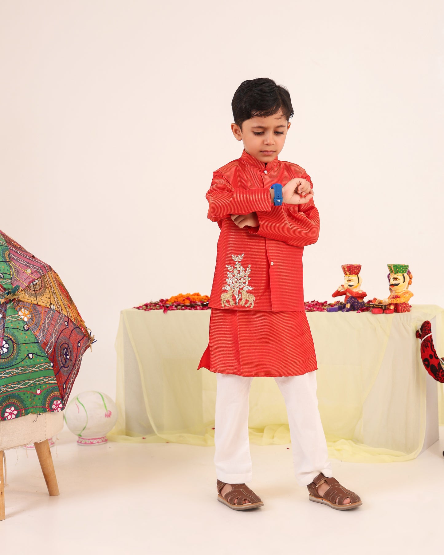 Boy 3 Pc Zari Embroidery Bundy Set - Rusty Red