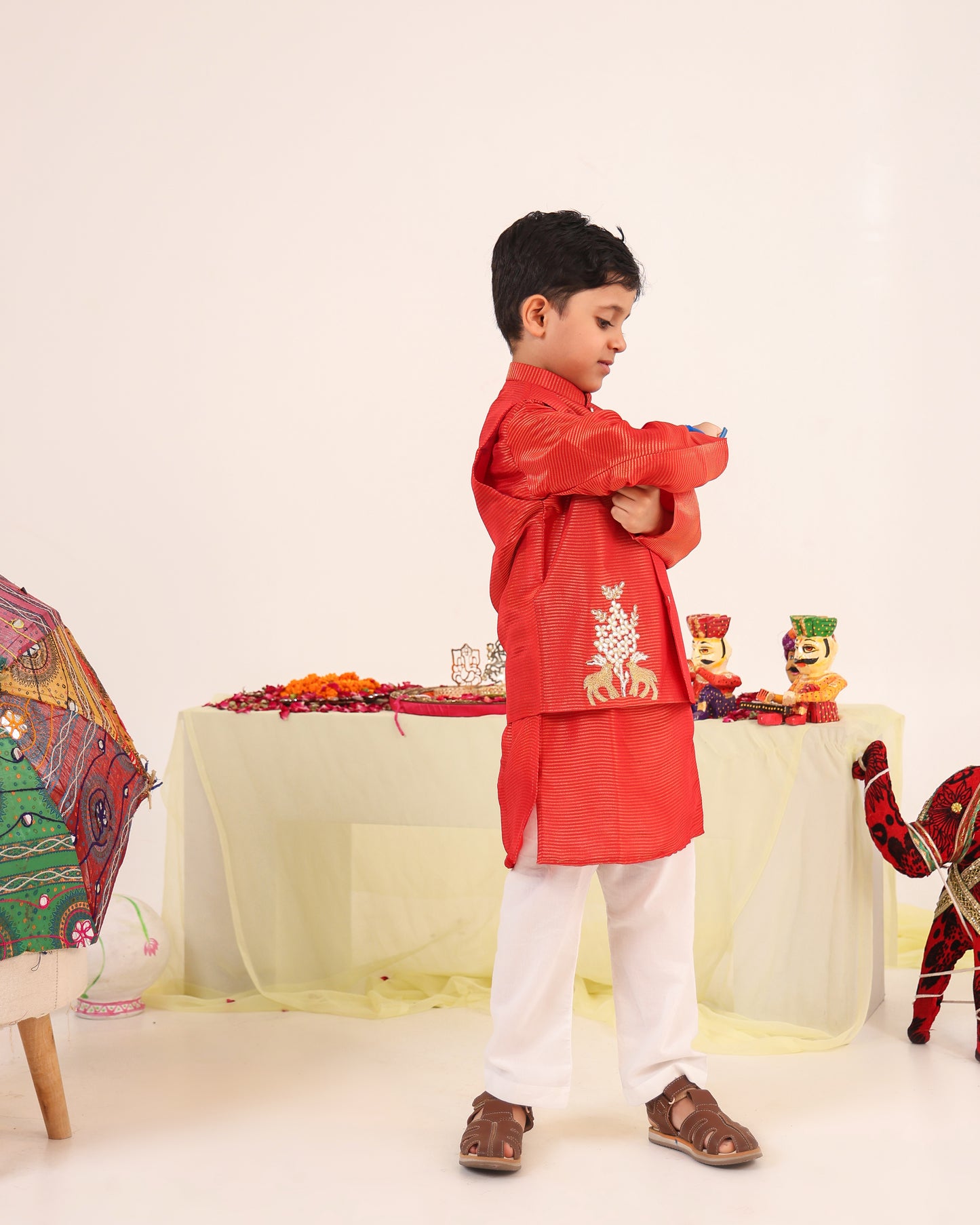 Boy 3 Pc Zari Embroidery Bundy Set - Rusty Red