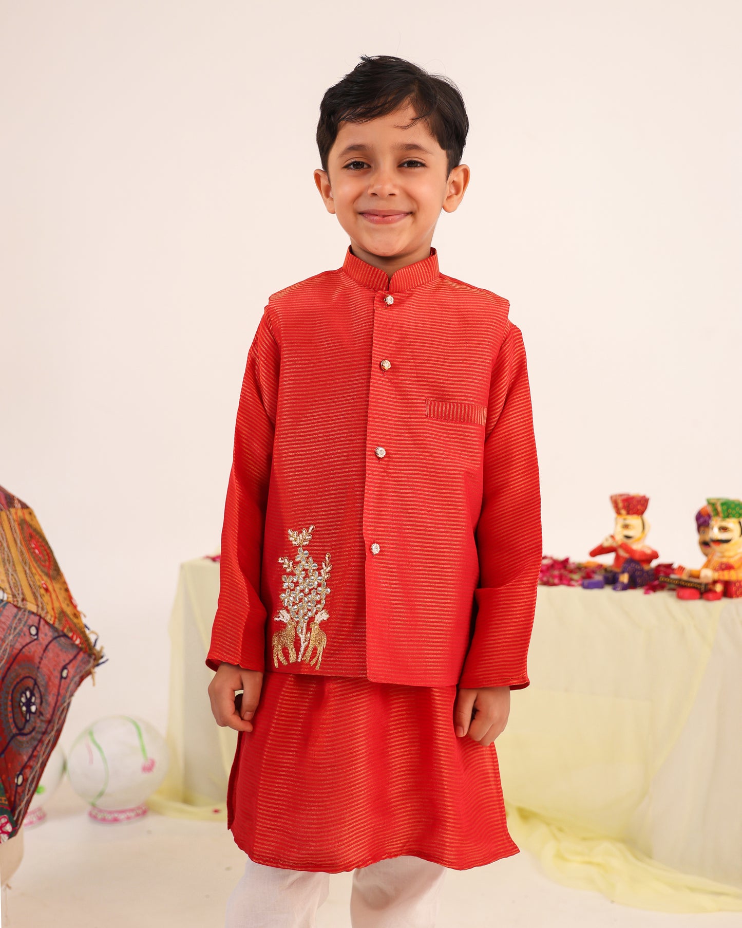 Boy 3 Pc Zari Embroidery Bundy Set - Rusty Red