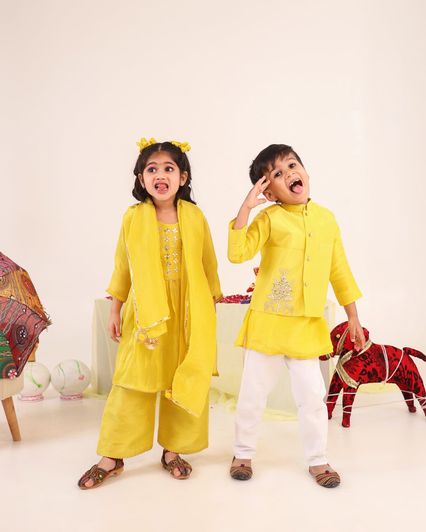 Girl Stripe Gota Embroidered Kurta and Pallazo Pants Set - Lemon Yellow