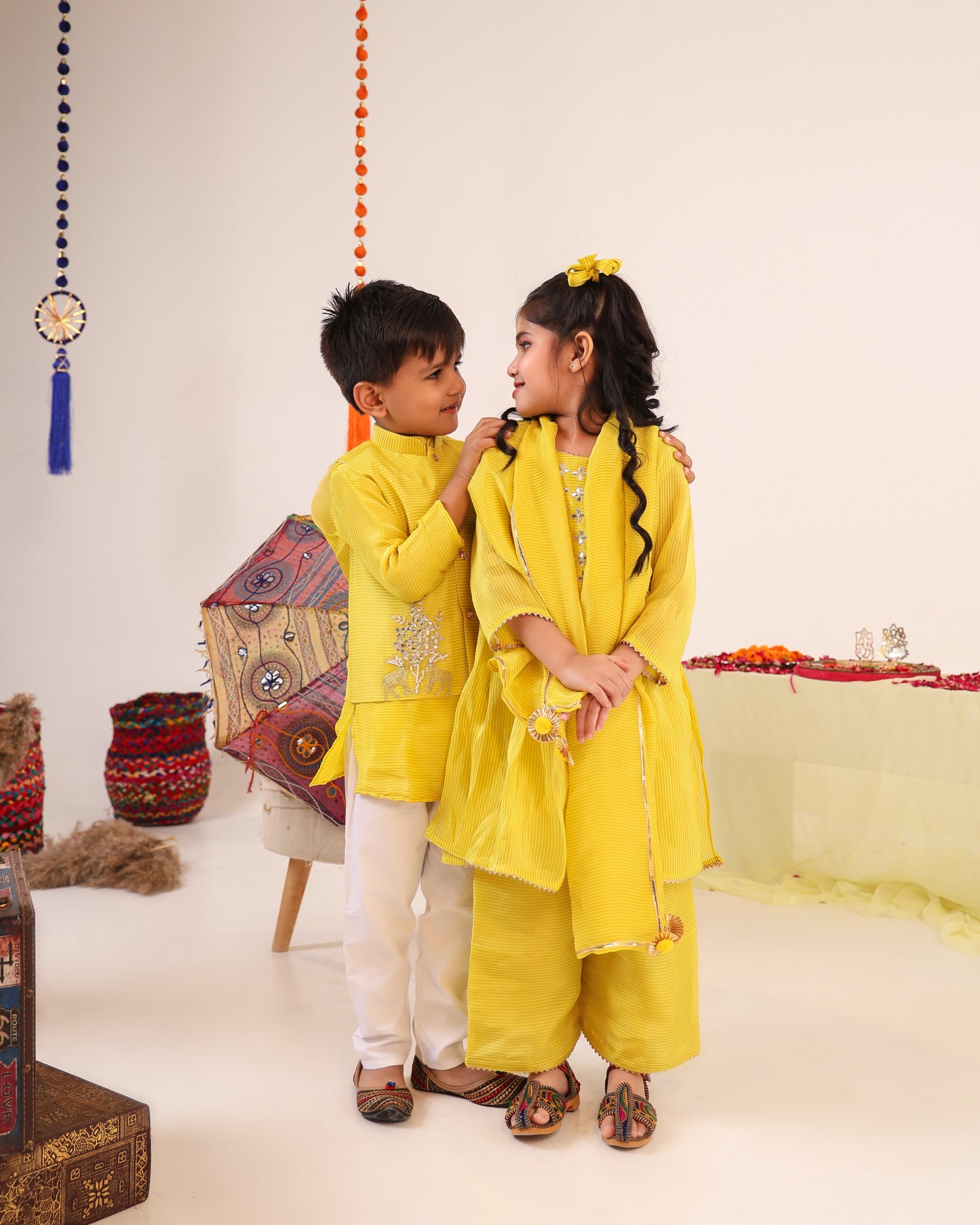 Girl Stripe Gota Embroidered Kurta and Pallazo Pants Set - Lemon Yellow