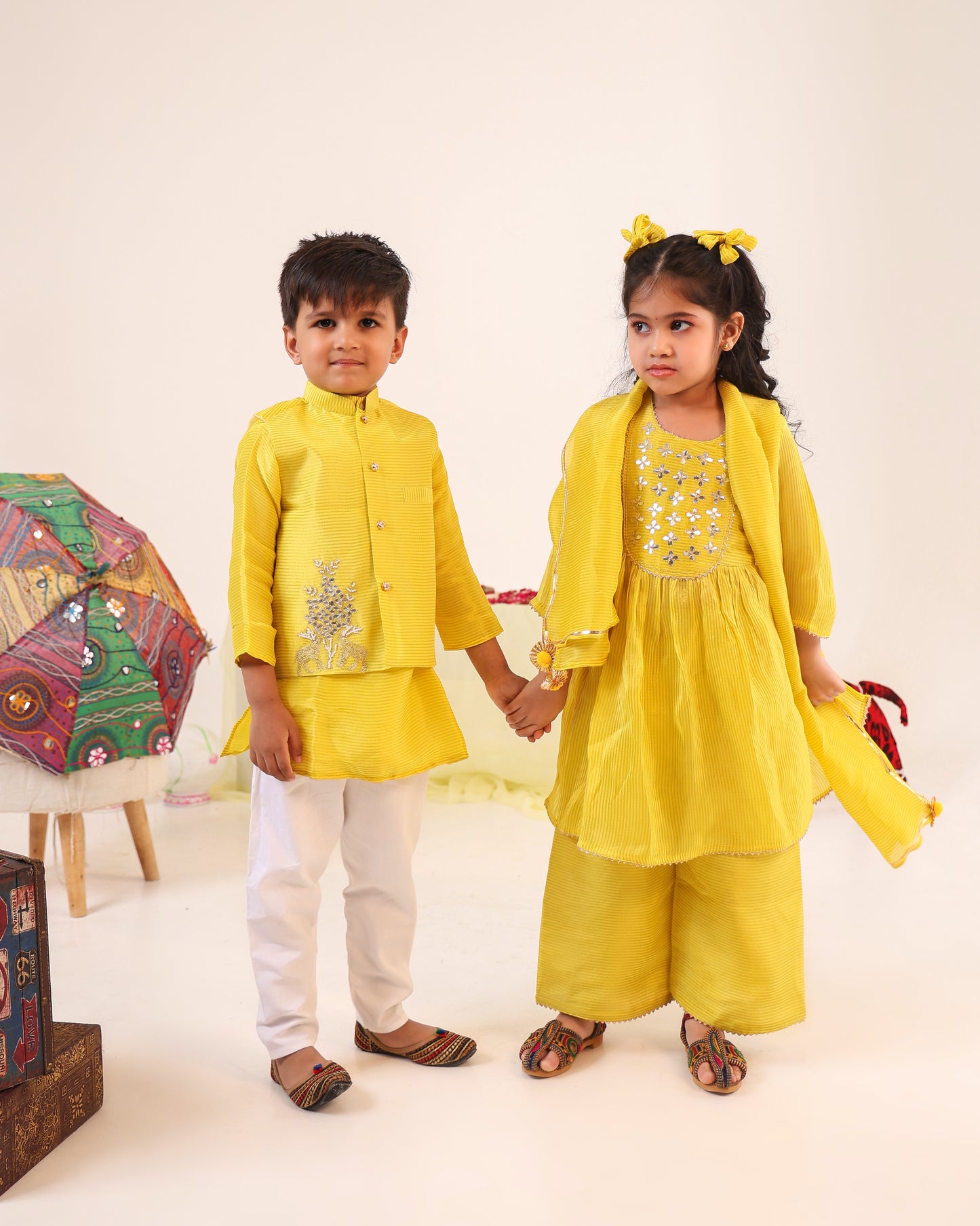 Girl Stripe Gota Embroidered Kurta and Pallazo Pants Set - Lemon Yellow