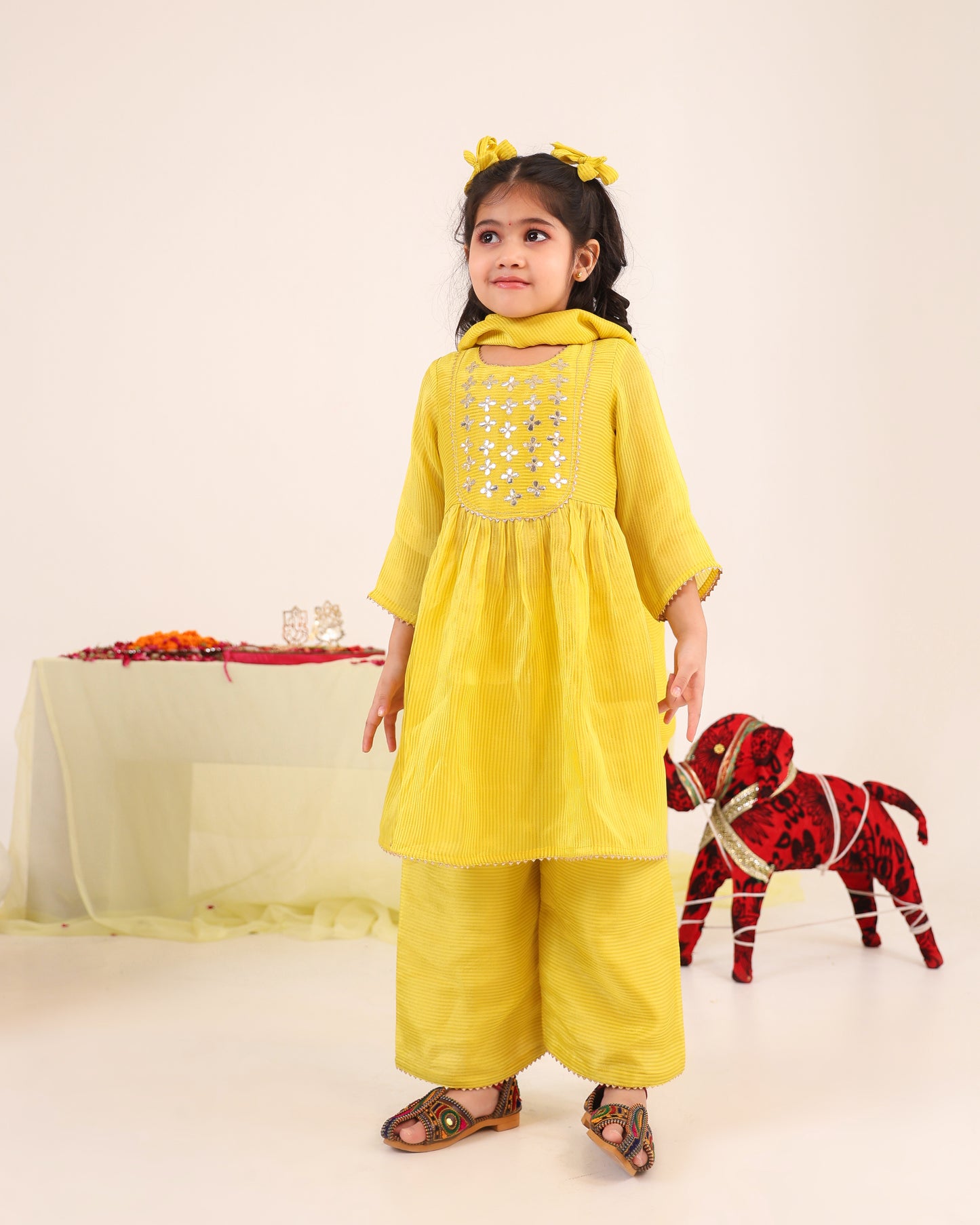 Girl Stripe Gota Embroidered Kurta and Pallazo Pants Set - Lemon Yellow
