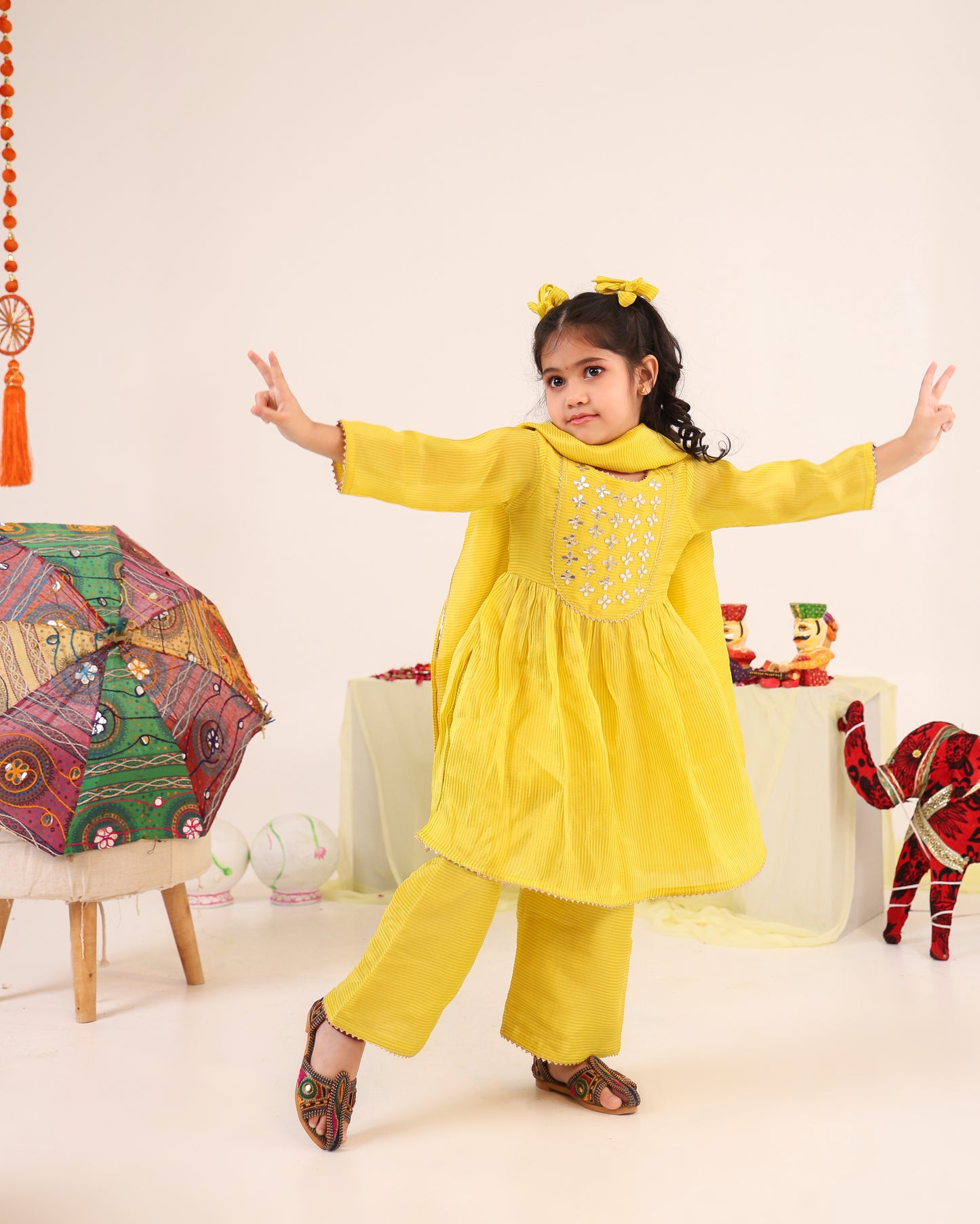 Girl Stripe Gota Embroidered Kurta and Pallazo Pants Set - Lemon Yellow