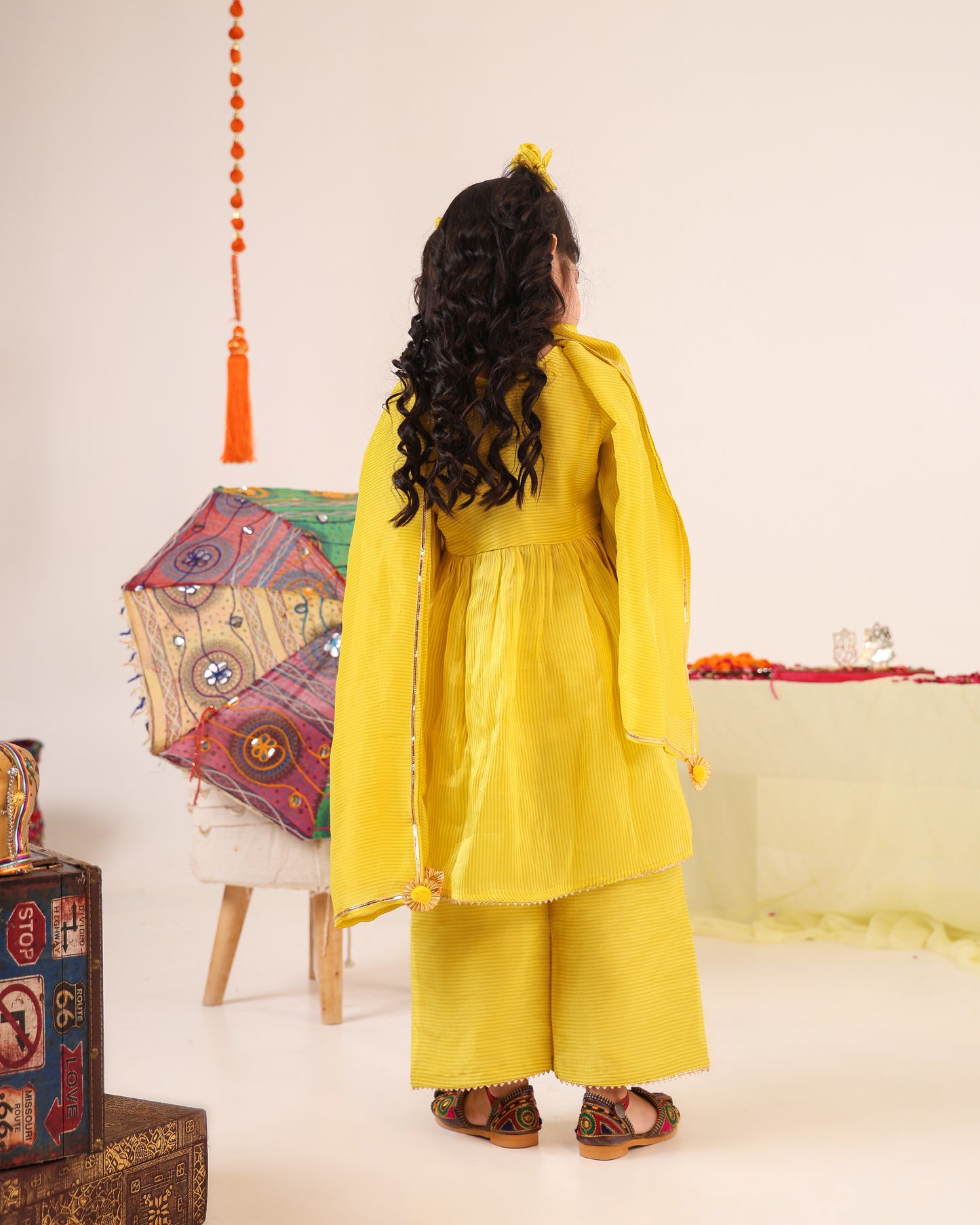 Girl Stripe Gota Embroidered Kurta and Pallazo Pants Set - Lemon Yellow