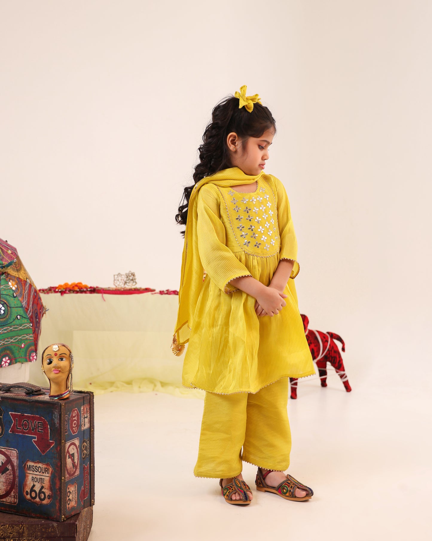 Girl Stripe Gota Embroidered Kurta and Pallazo Pants Set - Lemon Yellow