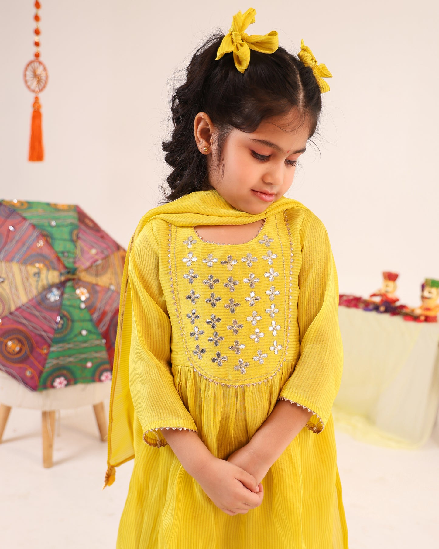 Girl Stripe Gota Embroidered Kurta and Pallazo Pants Set - Lemon Yellow