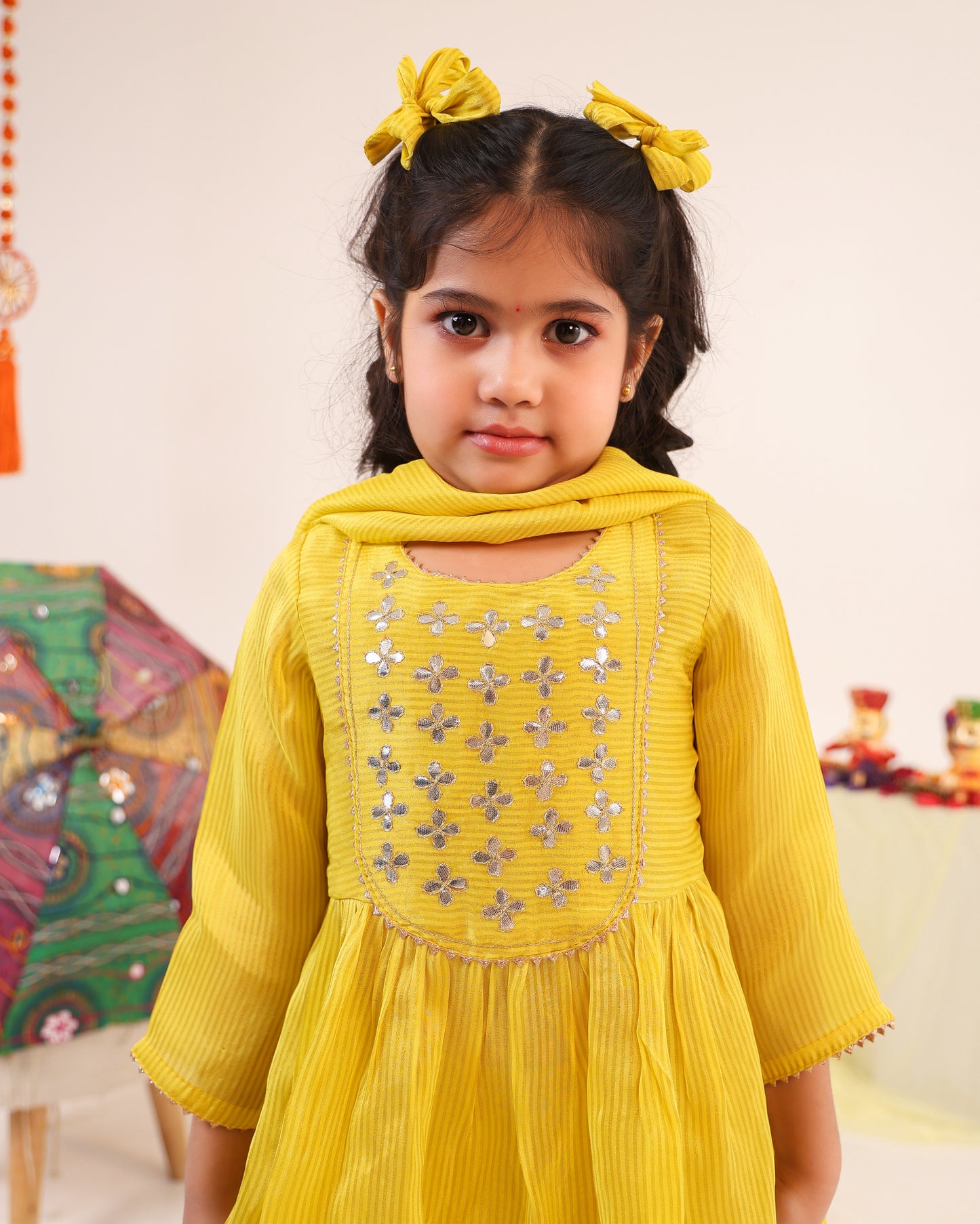 Girl Stripe Gota Embroidered Kurta and Pallazo Pants Set - Lemon Yellow