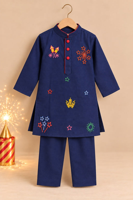Boy Pataka Kurta Set-Navy Blue