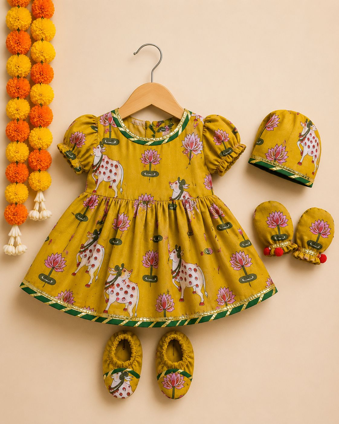 Baby Girl Pichwai Jamna Set - Mustard Yellow