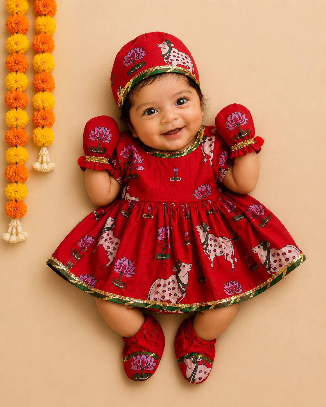 Baby Girl Pichwai Jamna Set - Red
