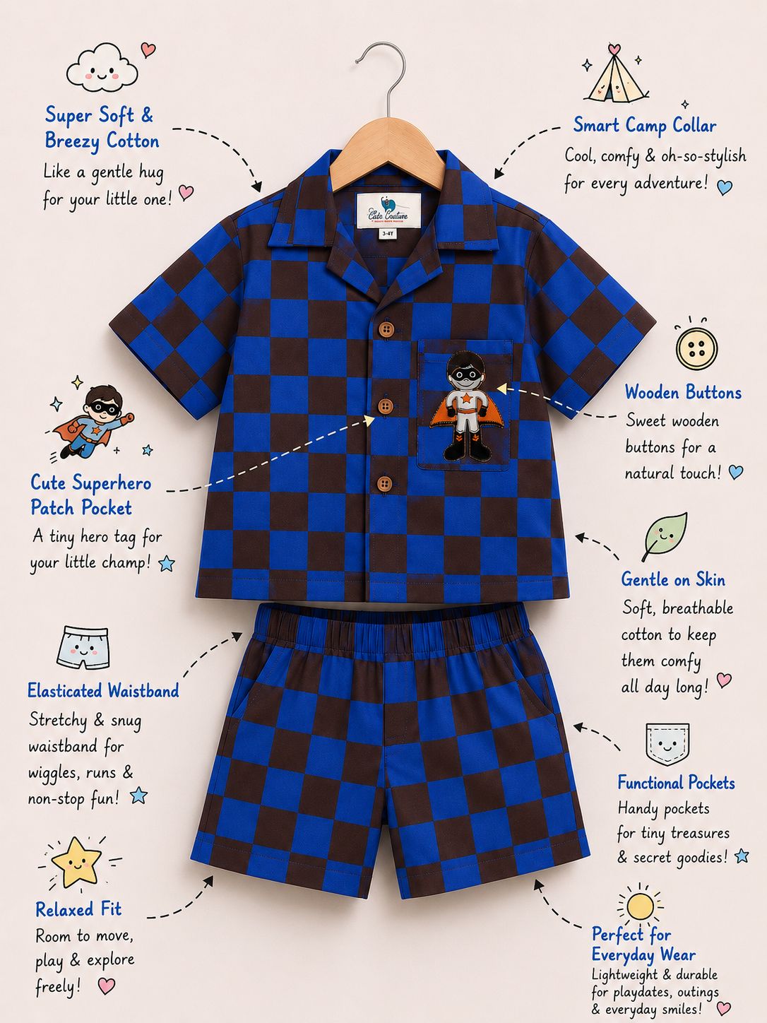 Superhero Check Coord Set - Blue and Brown