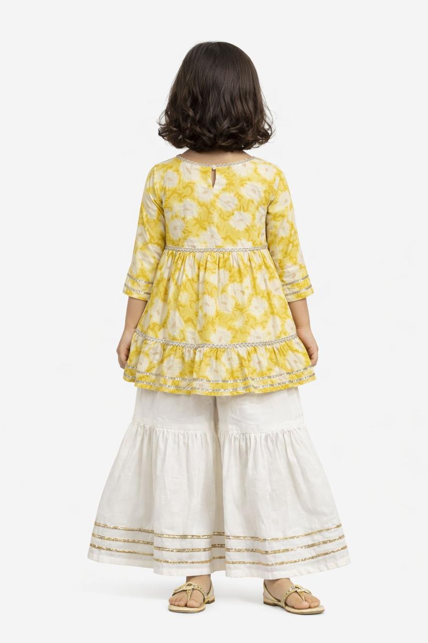 Girl Print Sharara Set -Yellow