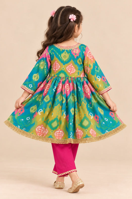 Girl Mithaas Angarkha Kurta Pant Set -Green