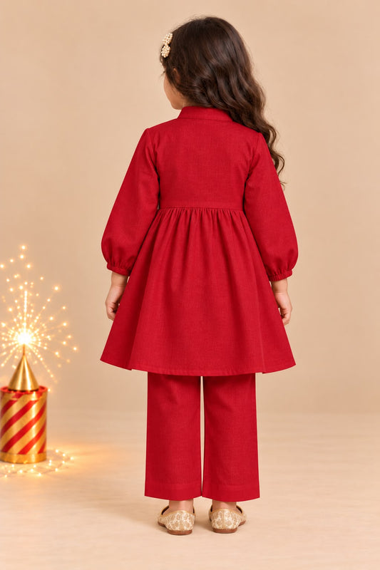 Girl Pataka Kurta Pant Set -Red