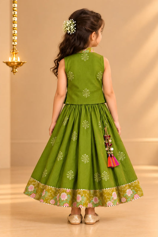 Girl Sitaara Skirt Top Set - Sap Green