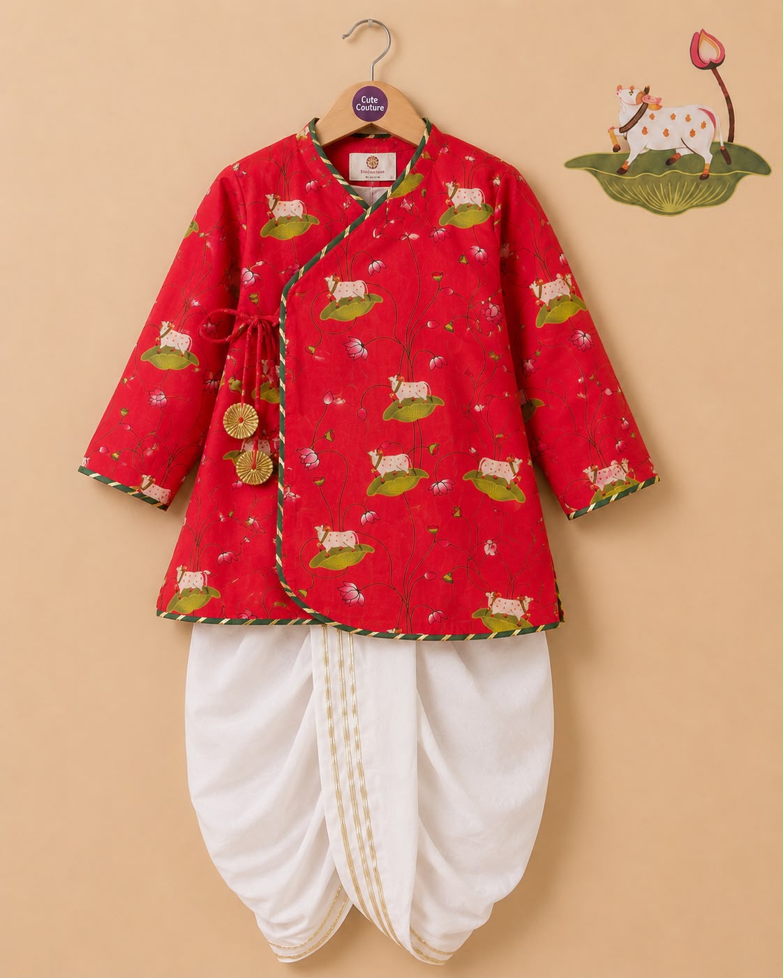 Pichwai Angarkha Kurta Dhoti Set -Red