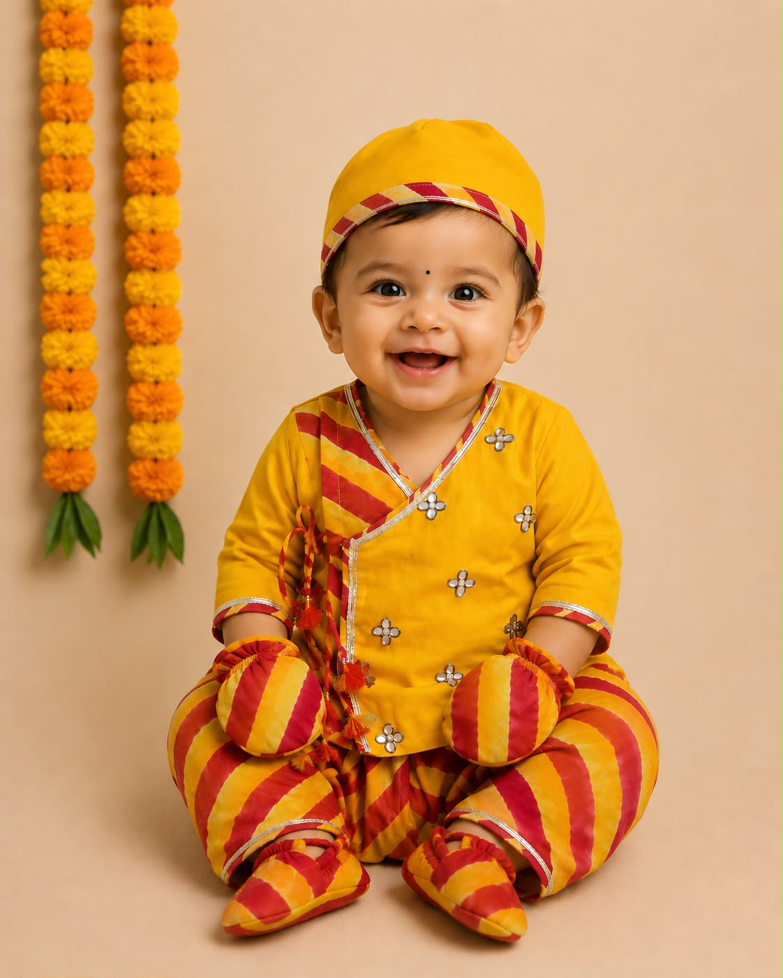Baby Boy Lehariya Jamna Set - Yellow Red