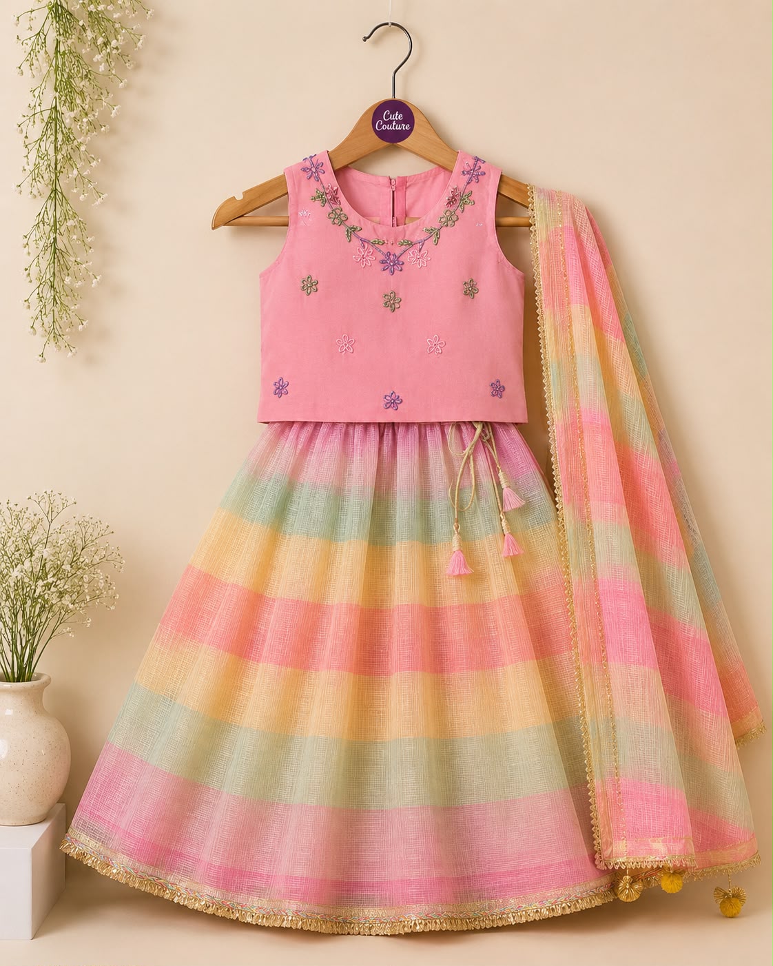 Girl Gulbahar Embroidered Skirt Top Set - Pink