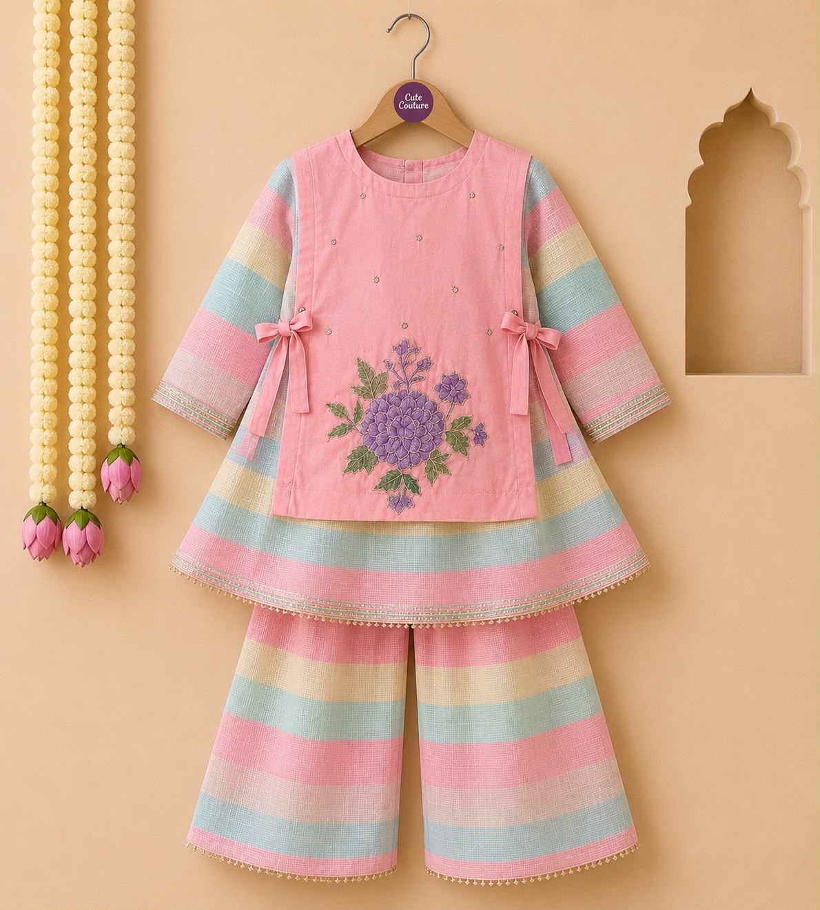 Girl Gulbahar Kurta Pallazo Set - Pink