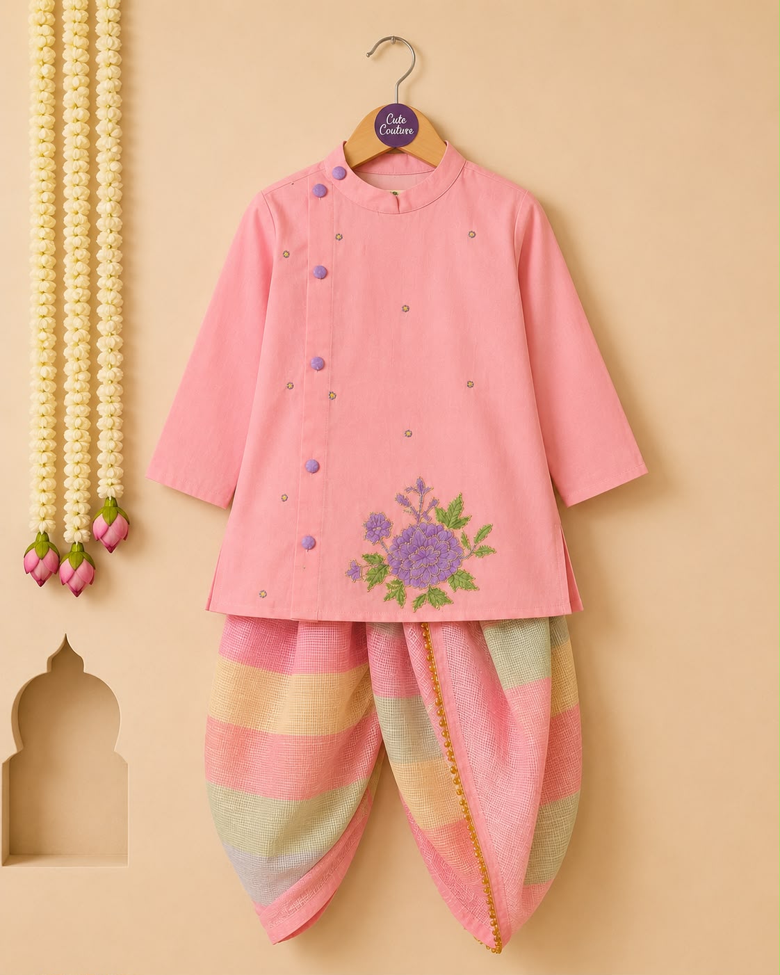 Boy Gulbahar Dhoti Kurta Set- Pink