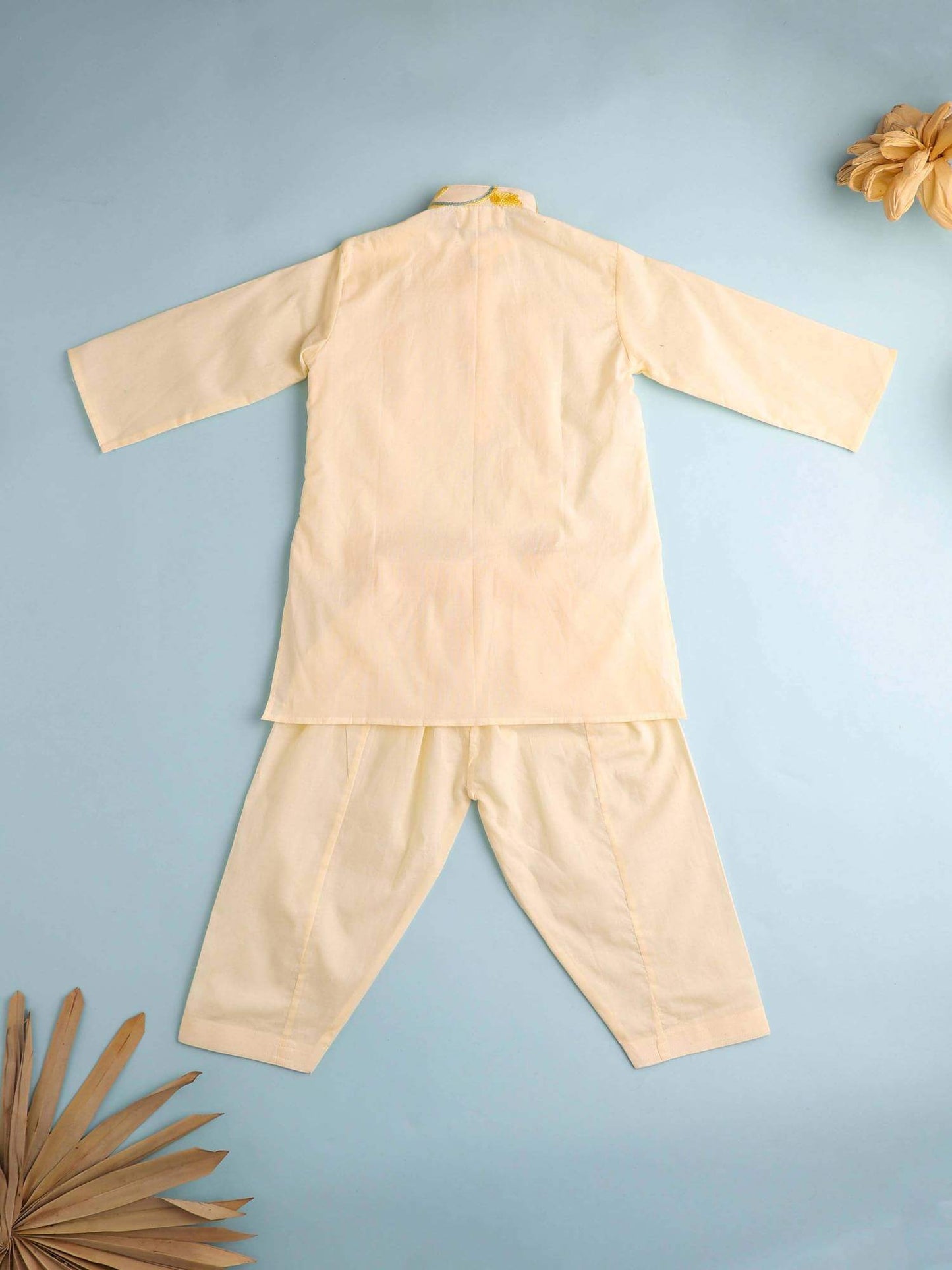Boy Embroidered Cotton Kurta Set-beige