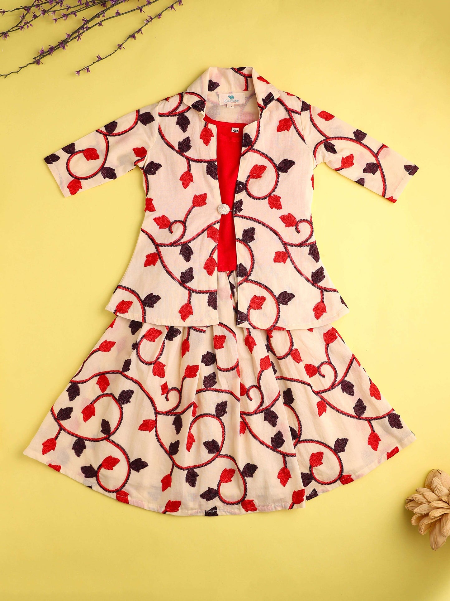 Girls Kurta And Skirt Set-Beige