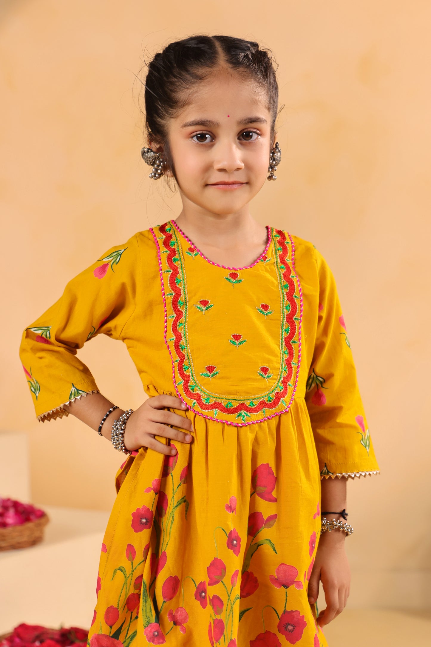 Girl Genda Phool Print Kurta Set - Mustard Yellow