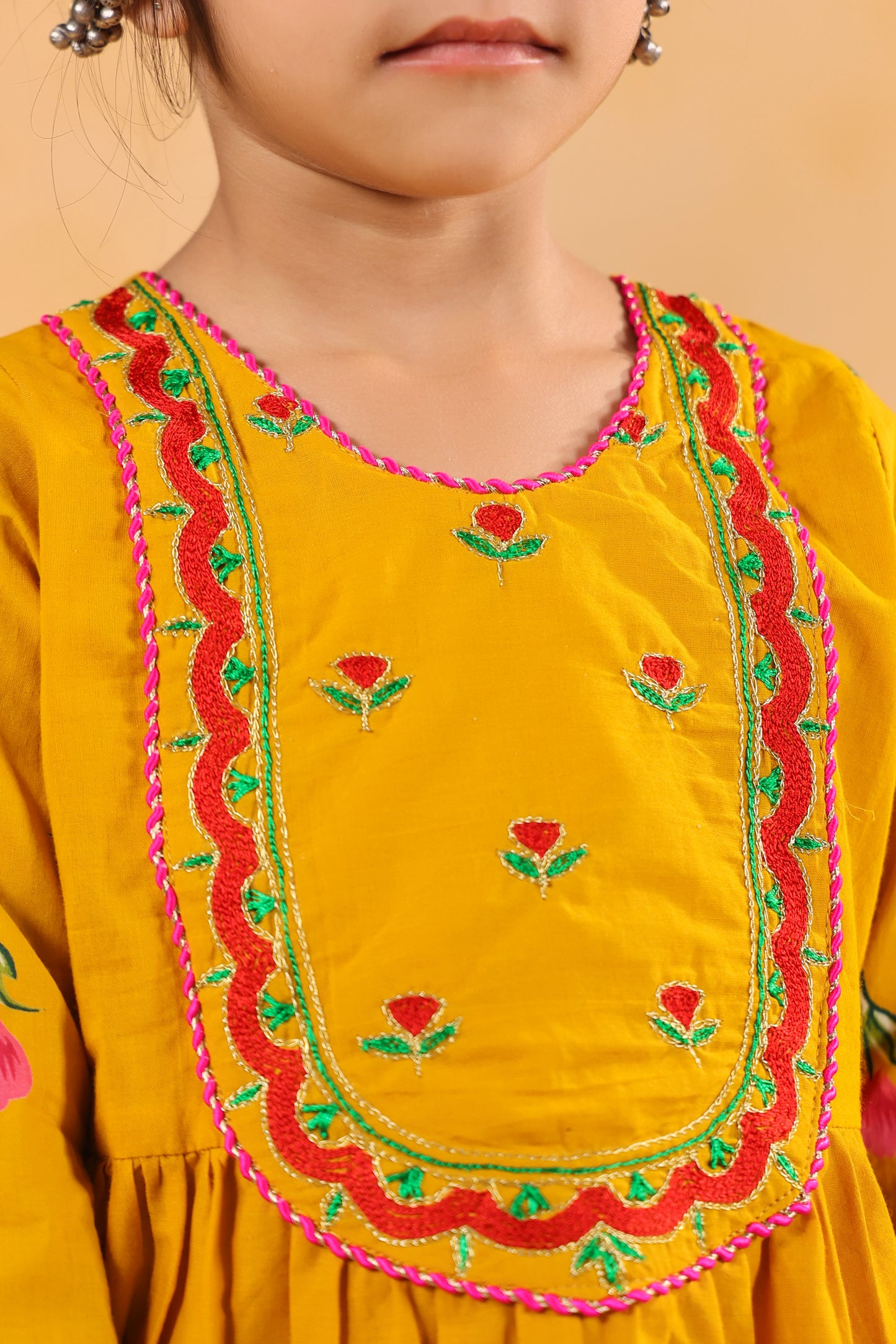 Girl Genda Phool Print Kurta Set - Mustard Yellow