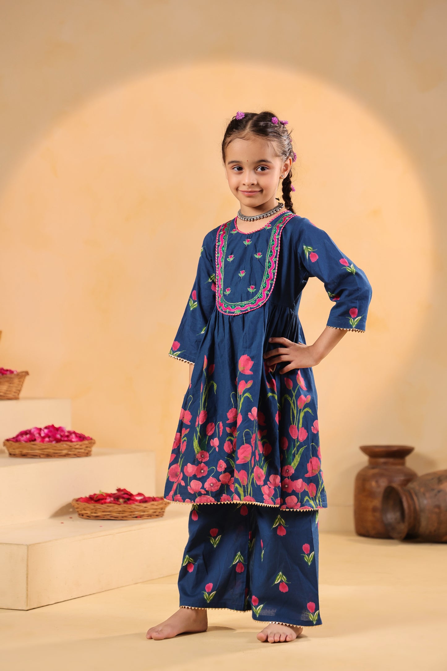 Girl Genda Phool Print Kurta Set - Teal Blue