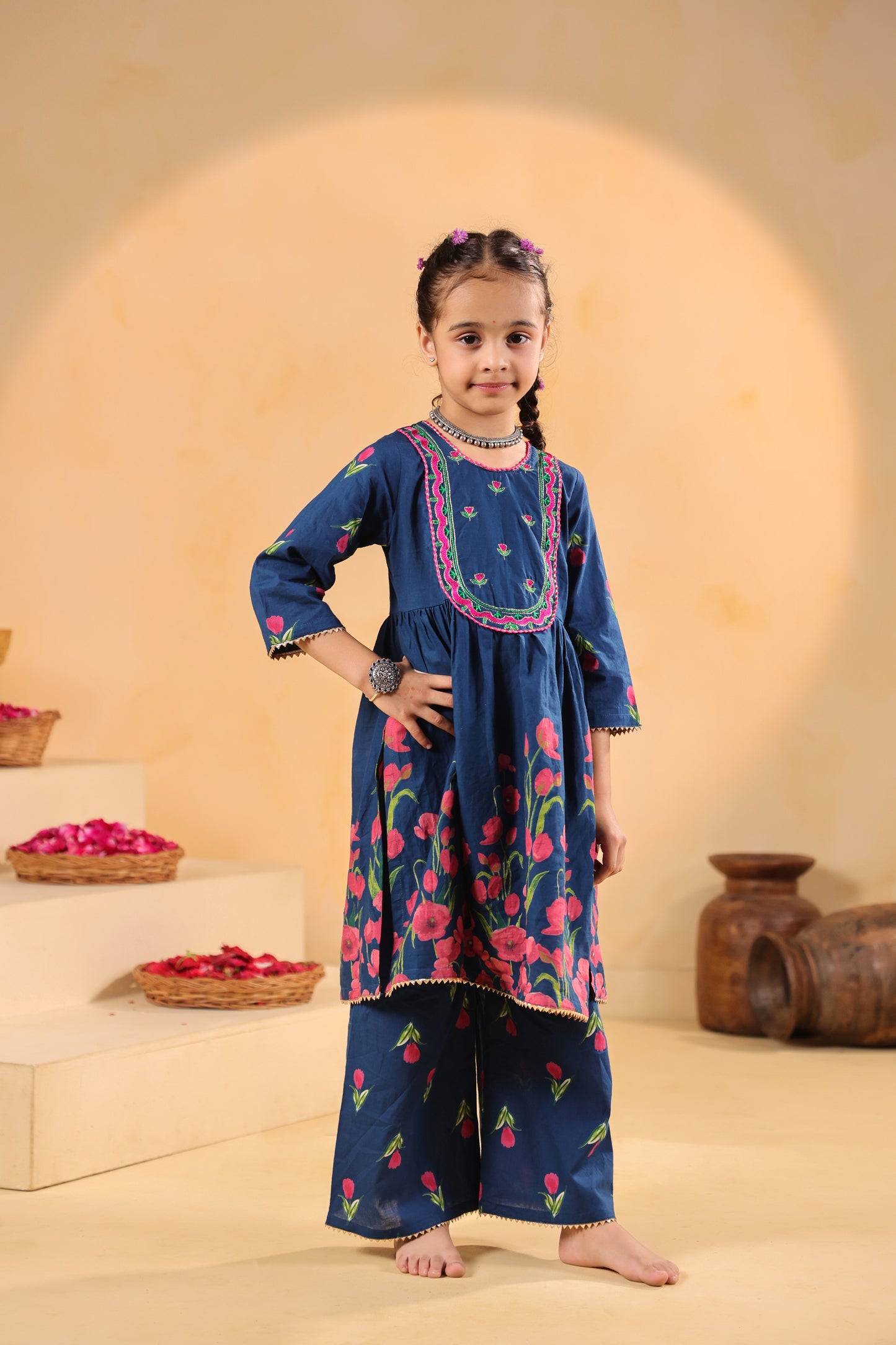 Girl Genda Phool Print Kurta Set - Teal Blue