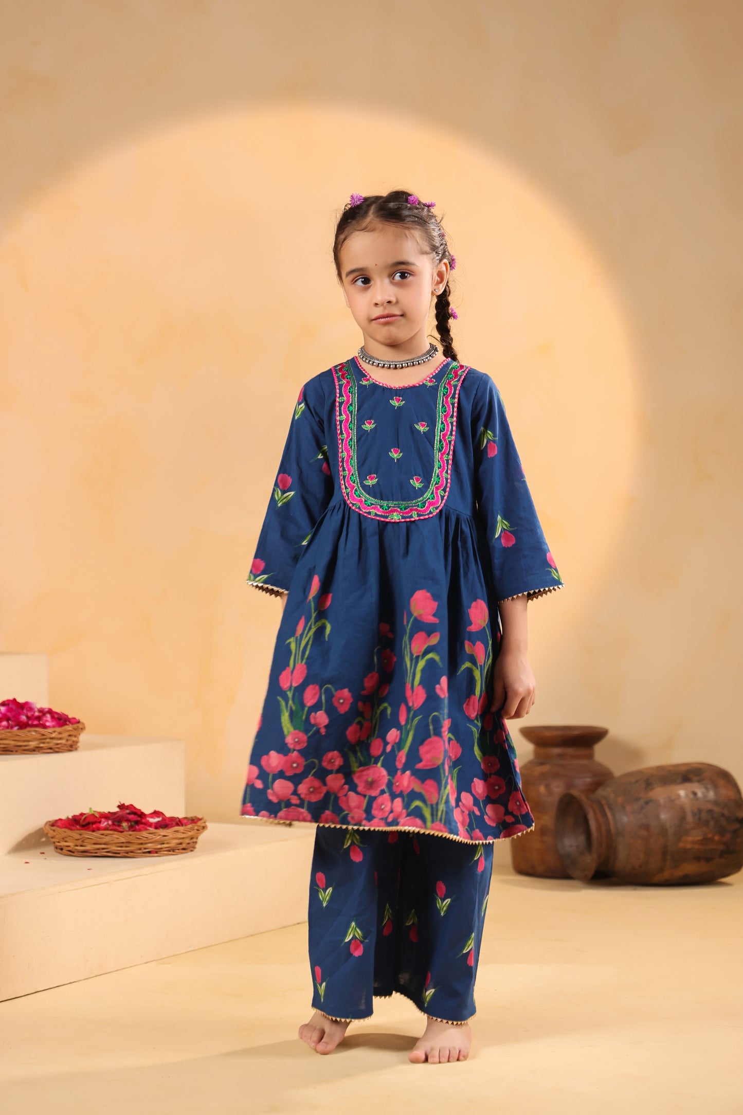 Girl Genda Phool Print Kurta Set - Teal Blue