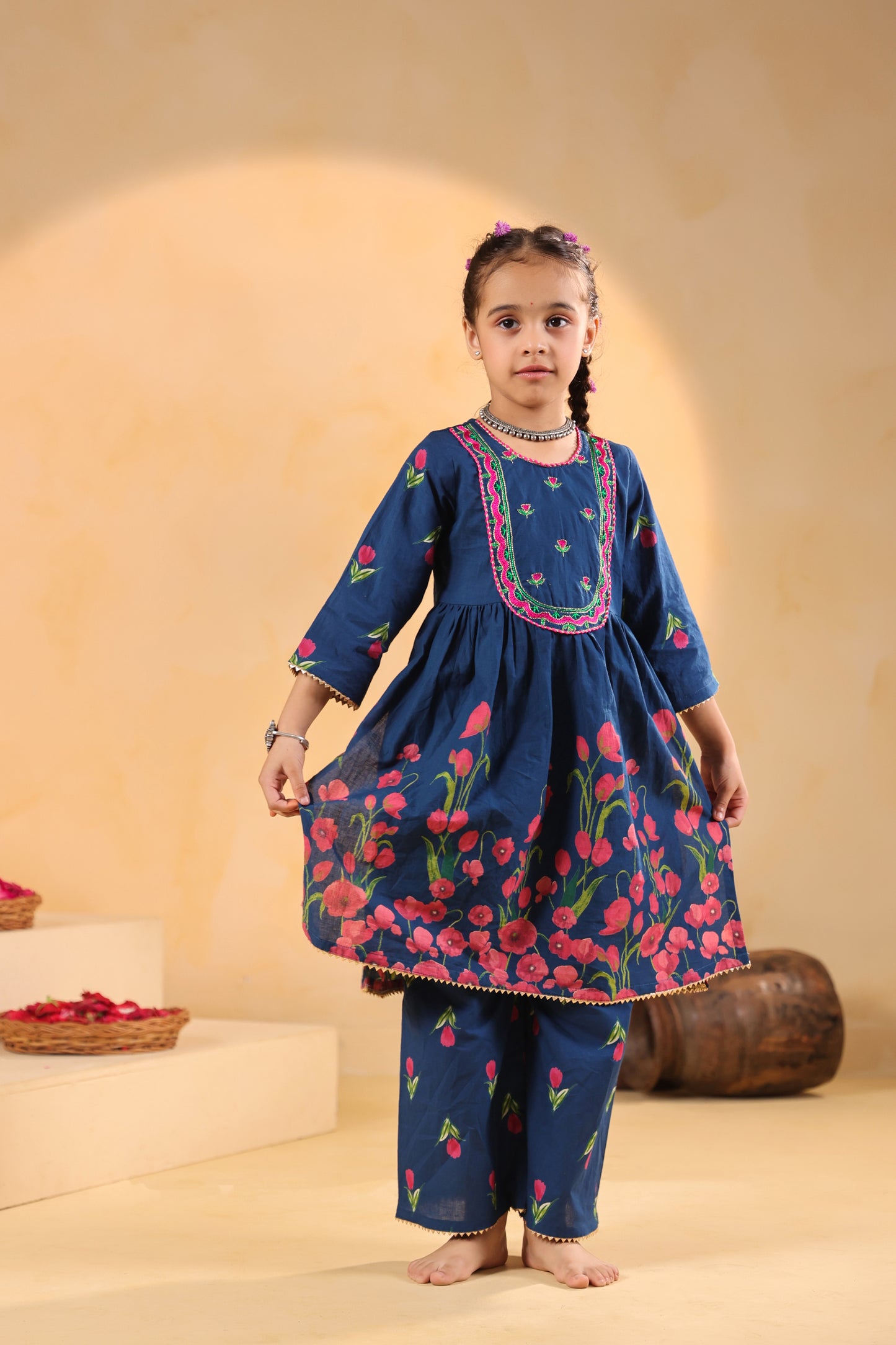 Girl Genda Phool Print Kurta Set - Teal Blue