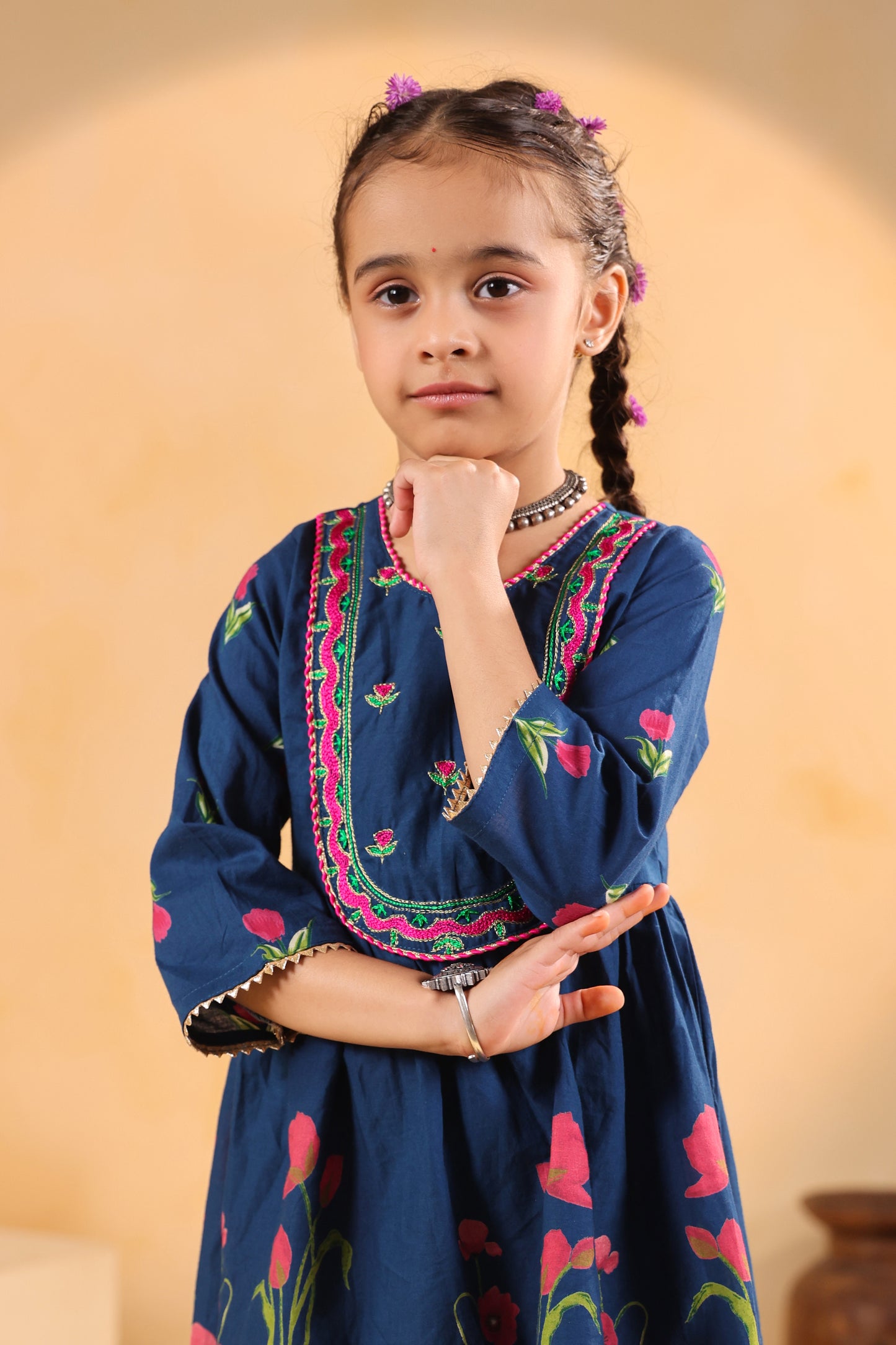 Girl Genda Phool Print Kurta Set - Teal Blue