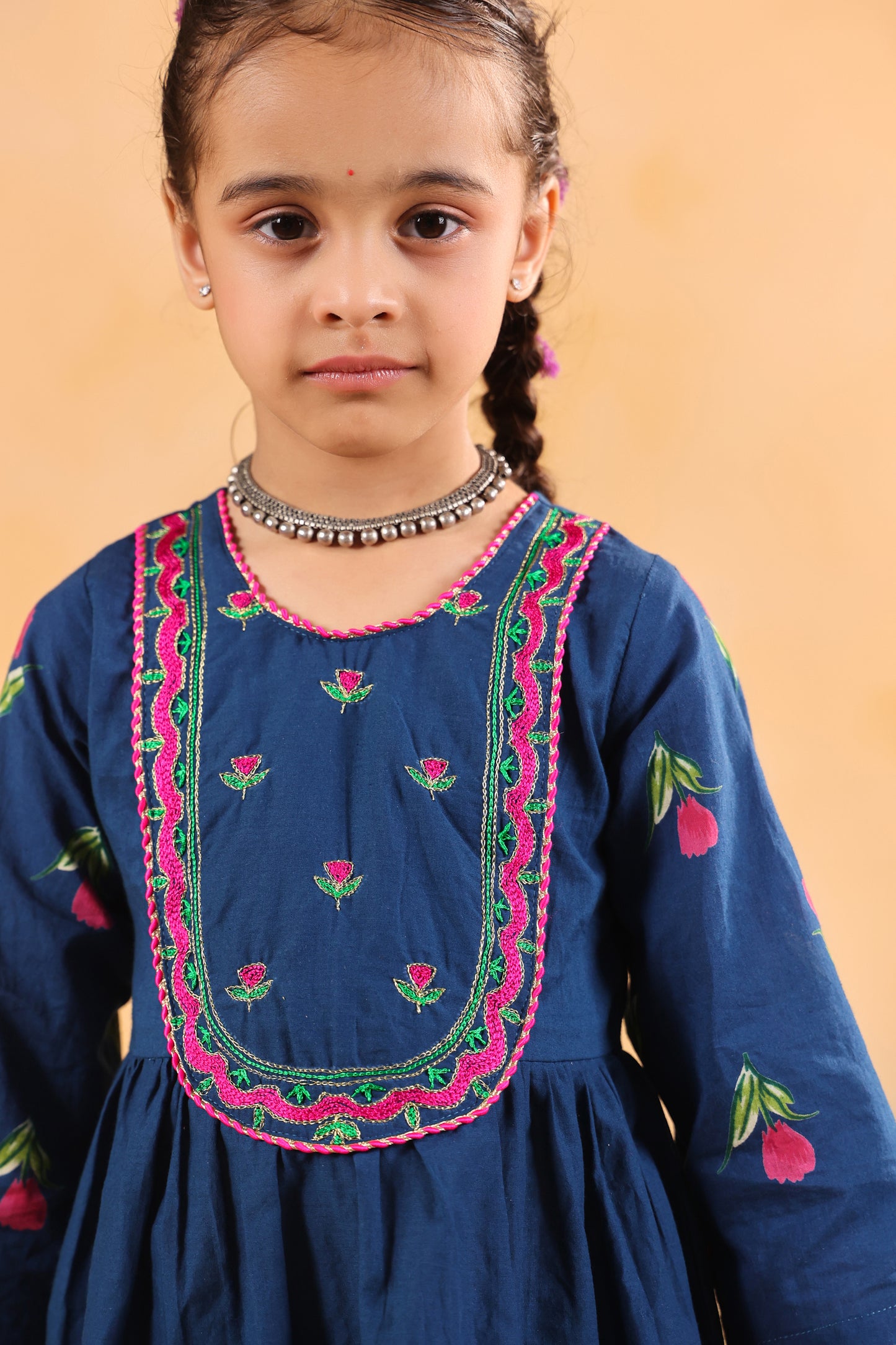 Girl Genda Phool Print Kurta Set - Teal Blue