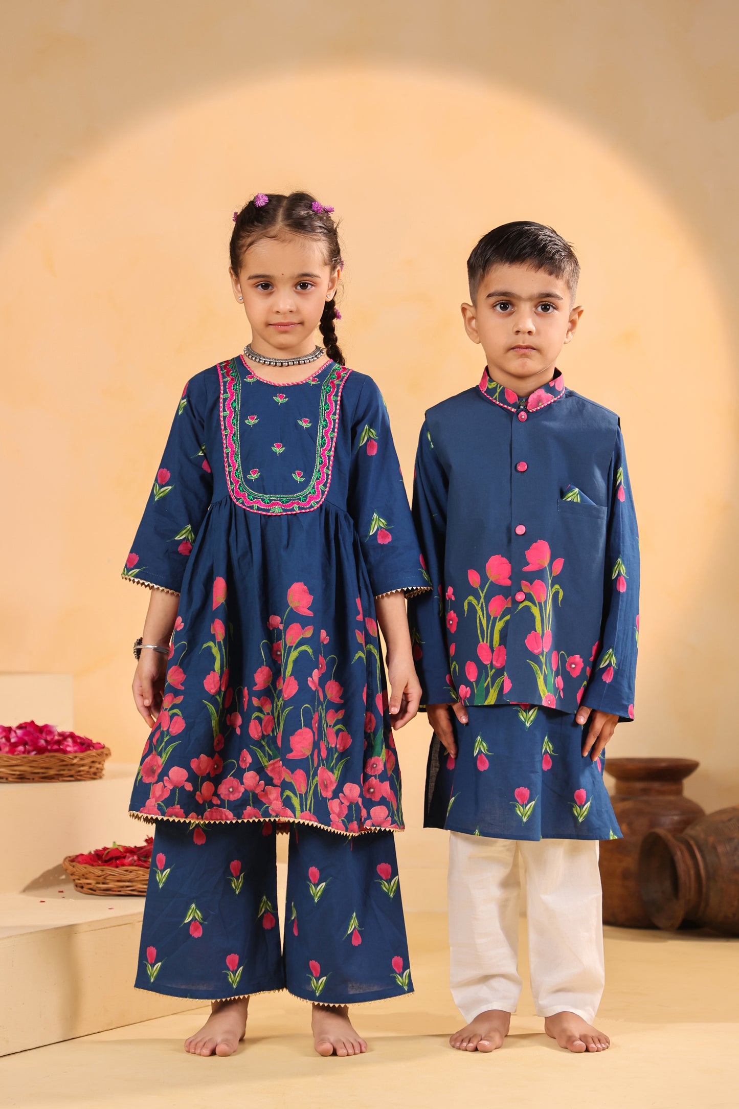 Girl Genda Phool Print Kurta Set - Teal Blue