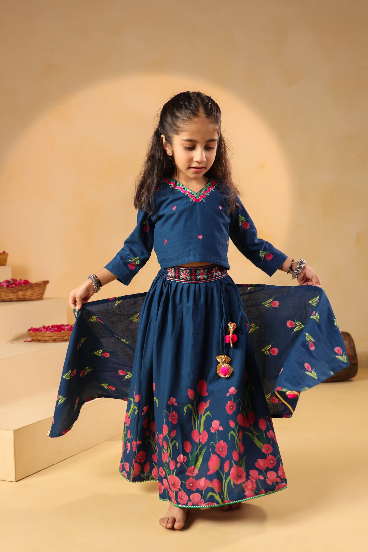 Girl Gulabo Floral Embroidered Skirt Top Set - Teal Blue