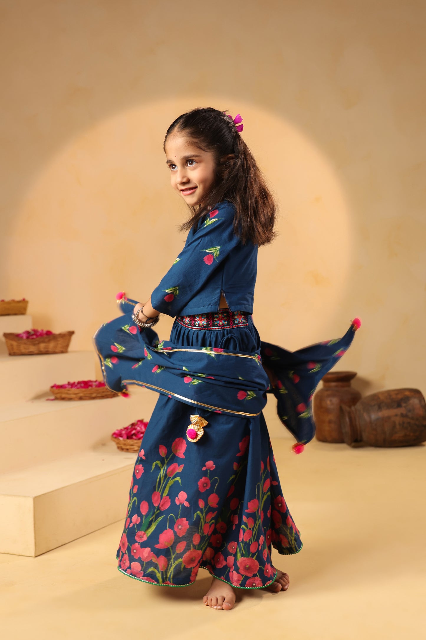 Girl Gulabo Floral Embroidered Skirt Top Set - Teal Blue