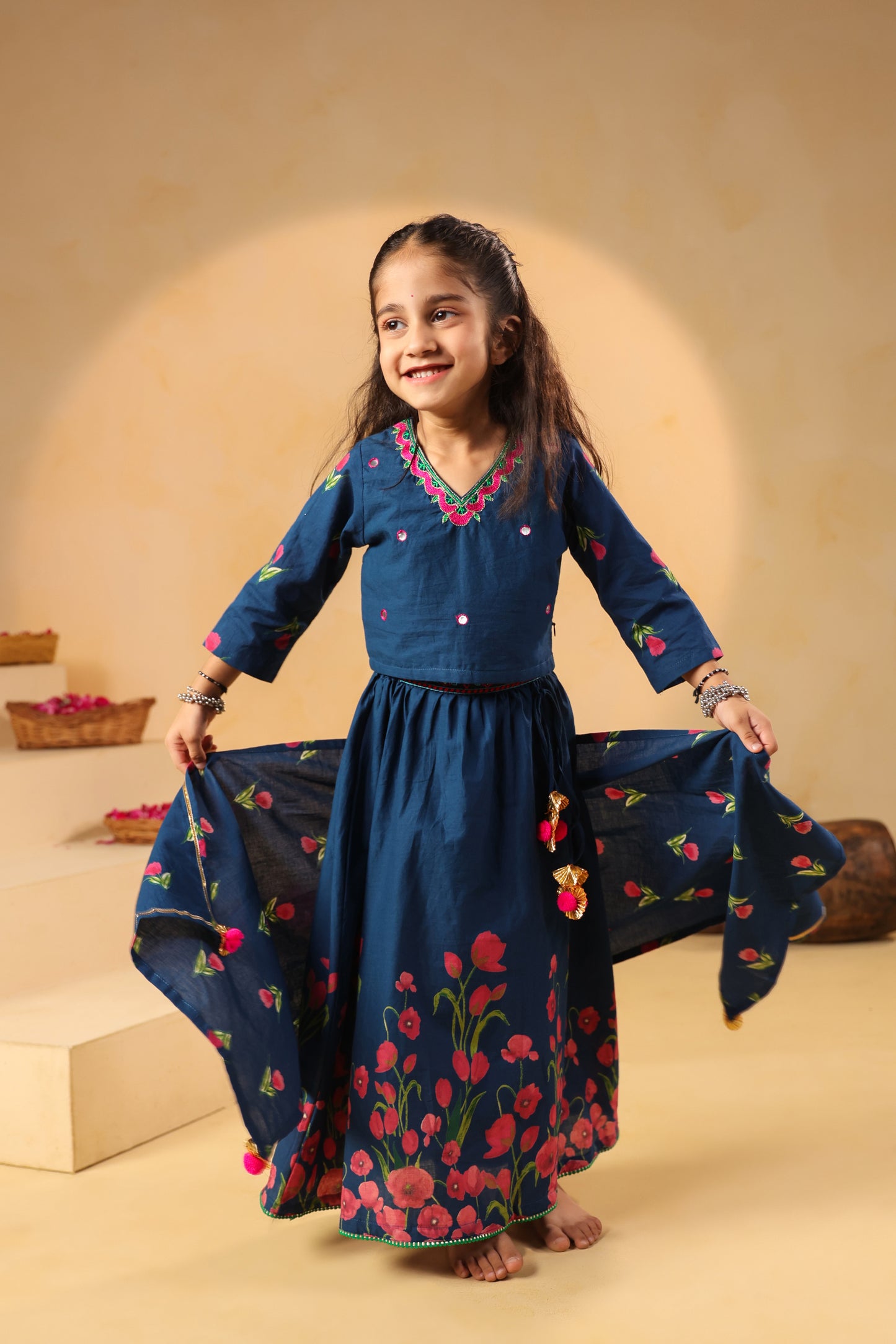 Girl Gulabo Floral Embroidered Skirt Top Set - Teal Blue