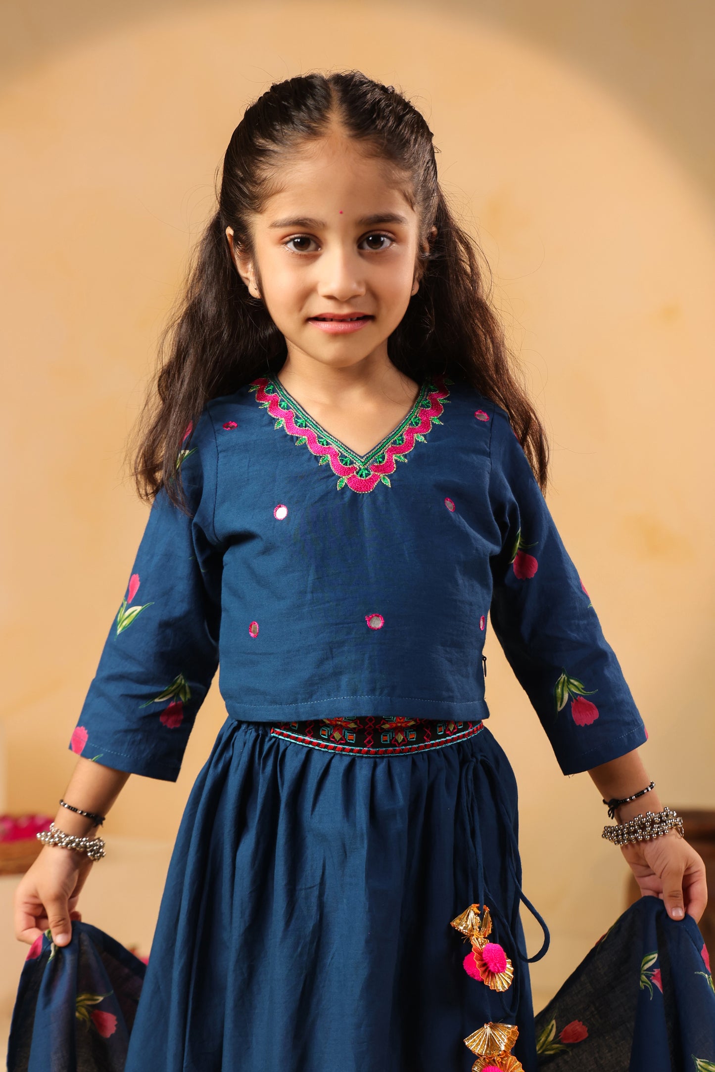 Girl Gulabo Floral Embroidered Skirt Top Set - Teal Blue