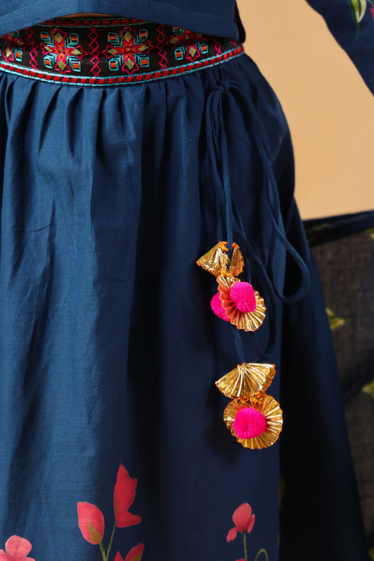 Girl Gulabo Floral Embroidered Skirt Top Set - Teal Blue