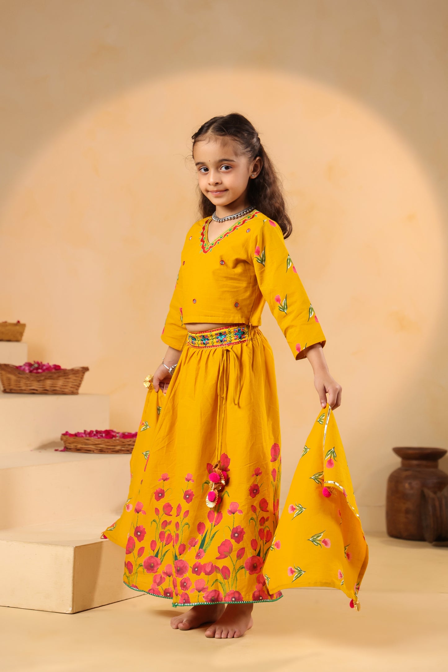 Girl Gulabo Floral Embroidered Skirt Top Set - Mustard