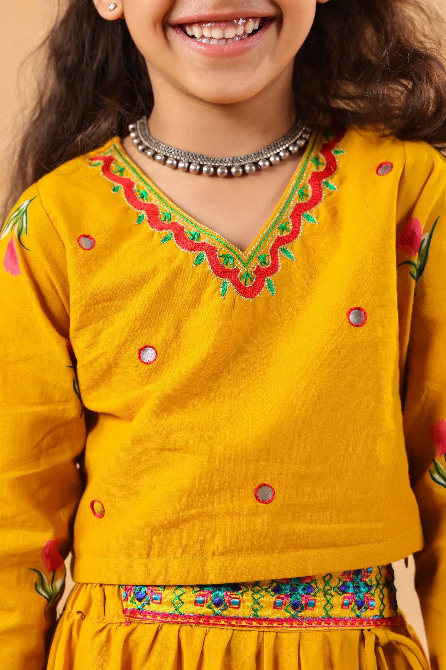 Girl Gulabo Floral Embroidered Skirt Top Set - Mustard
